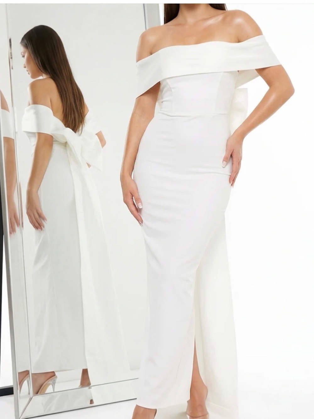 Symphony Ivory White Off Shoulder Contrast Fabric Bow Back Wedding Dress